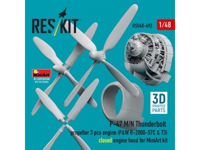 P-47 M/N Thunderbolt propeller (3 pcs), engine (P&W R-2800-57C & 73) closed engine hood for MiniArt kit (3D Printed) 
