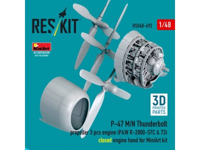 P-47 M/N Thunderbolt propeller (3 pcs), engine (P&W R-2800-57C & 73) closed engine hood for MiniArt kit (3D Printed) 