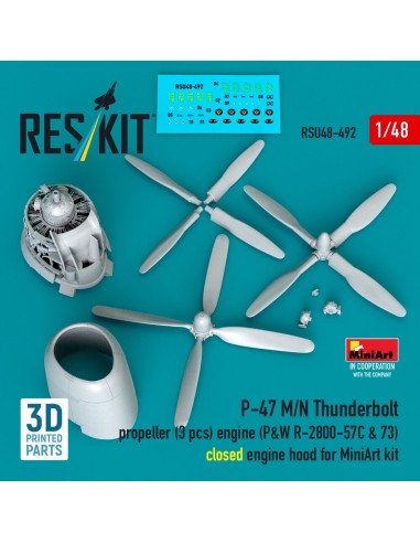 P-47 M/N Thunderbolt propeller (3 pcs), engine (P&W R-2800-57C & 73) closed engine hood for MiniArt kit (3D Printed) 