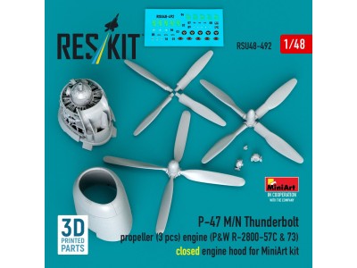 P-47 M/N Thunderbolt propeller (3 pcs), engine (P&W R-2800-57C & 73) closed engine hood for MiniArt kit (3D Printed) 