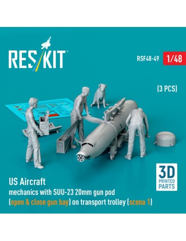 US Aircraft mechanics with SUU-23 20mm gun pod (open & close gun bay) on transport trolley (scene 1) (3 pcs) (3D Printed) 