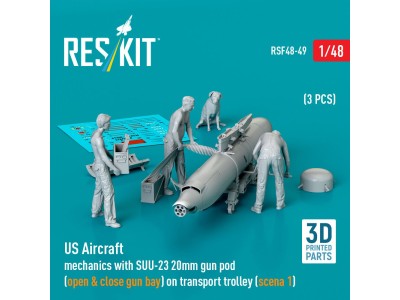 US Aircraft mechanics with SUU-23 20mm gun pod (open & close gun bay) on transport trolley (scene 1) (3 pcs) (3D Printed) 