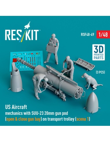 US Aircraft mechanics with SUU-23 20mm gun pod (open & close gun bay) on transport trolley (scene 1) (3 pcs) (3D Printed) 