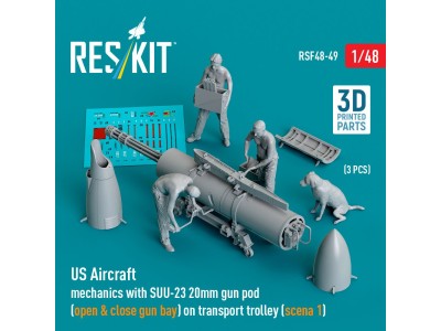 US Aircraft mechanics with SUU-23 20mm gun pod (open & close gun bay) on transport trolley (scene 1) (3 pcs) (3D Printed) 