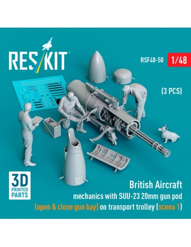 British Aircraft mechanics with SUU-23 20mm gun pod (open & close gun bay) on on transport trolley (scene 1) (3 pcs) (3D Printed