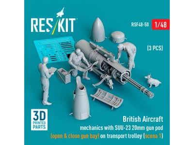 British Aircraft mechanics with SUU-23 20mm gun pod (open & close gun bay) on on transport trolley (scene 1) (3 pcs) (3D Printed