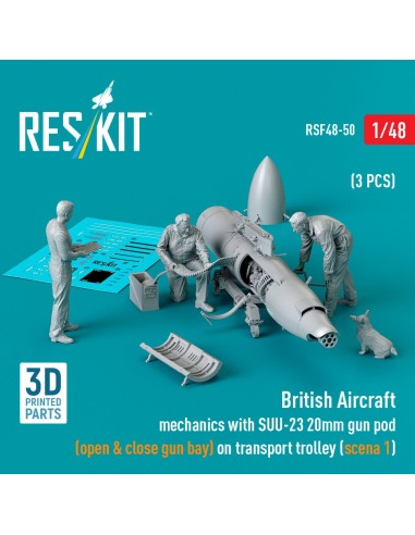 British Aircraft mechanics with SUU-23 20mm gun pod (open & close gun bay) on on transport trolley (scene 1) (3 pcs) (3D Printed