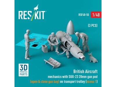 British Aircraft mechanics with SUU-23 20mm gun pod (open & close gun bay) on on transport trolley (scene 1) (3 pcs) (3D Printed