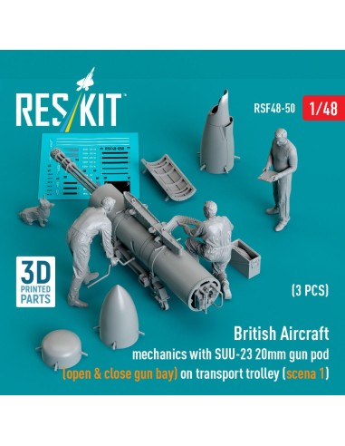 British Aircraft mechanics with SUU-23 20mm gun pod (open & close gun bay) on on transport trolley (scene 1) (3 pcs) (3D Printed