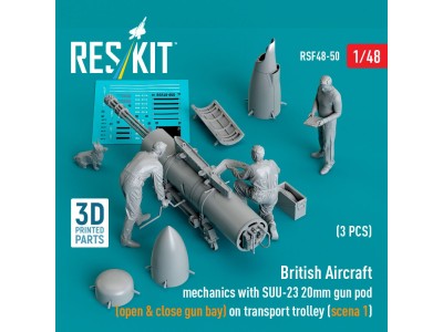 British Aircraft mechanics with SUU-23 20mm gun pod (open & close gun bay) on on transport trolley (scene 1) (3 pcs) (3D Printed