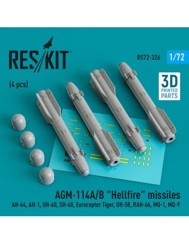 AGM-114A/B Hellfire missiles (4 pcs) (AH-64, AH-1, UH-60, SH-60, Eurocopter Tiger, OH-58, RAH-66, MQ-1, MQ-9) (3D Printed) 