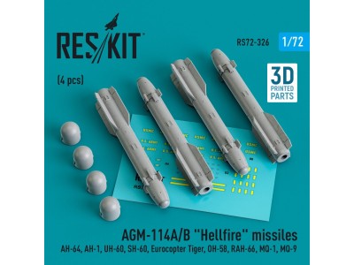 AGM-114A/B Hellfire missiles (4 pcs) (AH-64, AH-1, UH-60, SH-60, Eurocopter Tiger, OH-58, RAH-66, MQ-1, MQ-9) (3D Printed) 