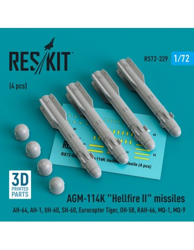 AGM-114K Hellfire II missiles (4 pcs) (AH-64, AH-1, UH-60, SH-60, Eurocopter Tiger, OH-58, RAH-66, MQ-1, MQ-9) (3D Printed) 