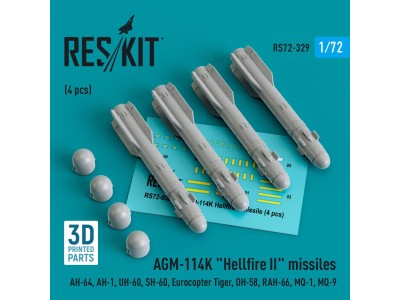 AGM-114K Hellfire II missiles (4 pcs) (AH-64, AH-1, UH-60, SH-60, Eurocopter Tiger, OH-58, RAH-66, MQ-1, MQ-9) (3D Printed) 