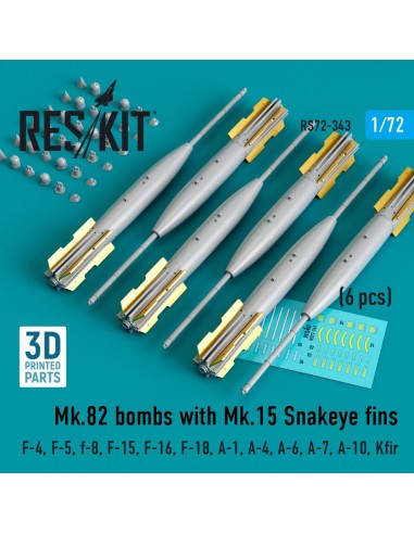 Mk.82 bombs with Mk.15 Snakeye fins (6 pcs) (F-4, F-5, F-8, F-15, F-16, F-18, A-1, A-4, A-6, A-7, A-10, Kfir) (3D Printed) 