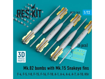 Mk.82 bombs with Mk.15 Snakeye fins (6 pcs) (F-4, F-5, F-8, F-15, F-16, F-18, A-1, A-4, A-6, A-7, A-10, Kfir) (3D Printed) 