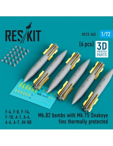 Mk.82 bombs with Mk.15 Snakeye fins thermally protected (6 pcs) (F-4, F-8, F-14 F-18, A-1, A-4, A-6, A-7, AV-8B) (3D Printed) 