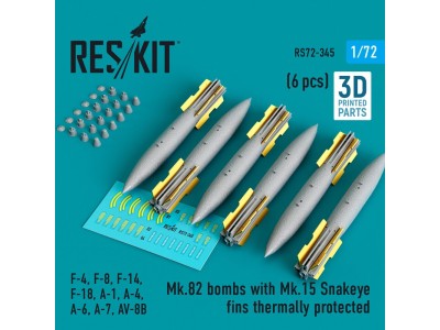 Mk.82 bombs with Mk.15 Snakeye fins thermally protected (6 pcs) (F-4, F-8, F-14 F-18, A-1, A-4, A-6, A-7, AV-8B) (3D Printed) 