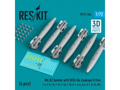 Mk.82 bombs with BSU-86 Snakeye II fins (6 pcs) (F-4, F-5, F-8, F-15, F-16, F-18, A-1, A-4, A-6, A-7, A-10, Kfir) (3D Printed) 
