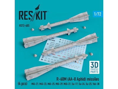 R-60? (AA-8 Aphid) missiles (4 pcs) (MiG-21,MiG-23,MiG-25, MiG-29,MiG-31,Su-17,Su-24,Su-25,Yak-38) (3D Printed) 