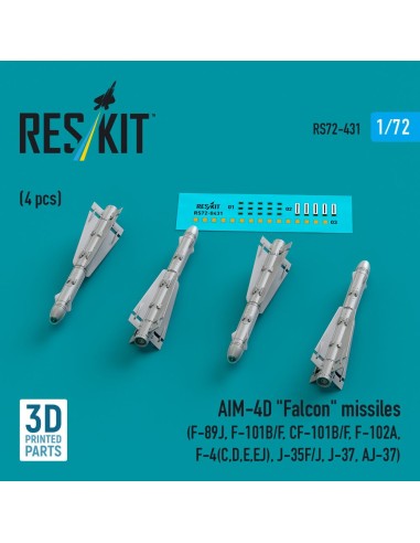 AIM-4D Falcon missiles (4 pcs) (F-89J, F-101B/F, CF-101B/F, F-102A, F-4(C,D,E,EJ), J-35F/J, J-37, AJ-37) (3D Printed) 
