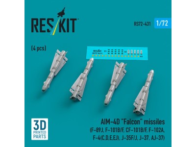AIM-4D Falcon missiles (4 pcs) (F-89J, F-101B/F, CF-101B/F, F-102A, F-4(C,D,E,EJ), J-35F/J, J-37, AJ-37) (3D Printed) 