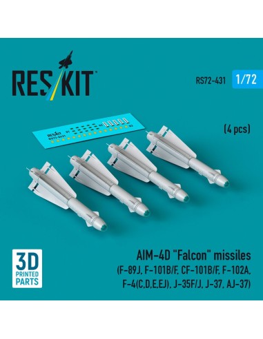 AIM-4D Falcon missiles (4 pcs) (F-89J, F-101B/F, CF-101B/F, F-102A, F-4(C,D,E,EJ), J-35F/J, J-37, AJ-37) (3D Printed) 