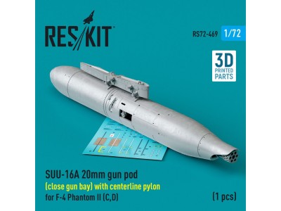 SUU-16A 20mm gun pod (close gun bay) with centerline pylon for F-4 Phantom II (C,D) (1 pcs) (3D Printed) 
