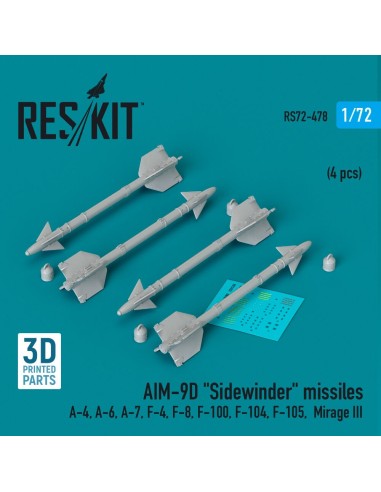 AIM-9D Sidewinder missiles (4 pcs) (A-4, A-6, A-7, F-4, F-8, F-100, F-104, F-105, Mirage III) (3D Printed) 