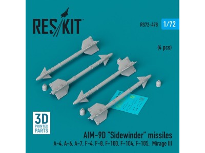 AIM-9D Sidewinder missiles (4 pcs) (A-4, A-6, A-7, F-4, F-8, F-100, F-104, F-105, Mirage III) (3D Printed) 