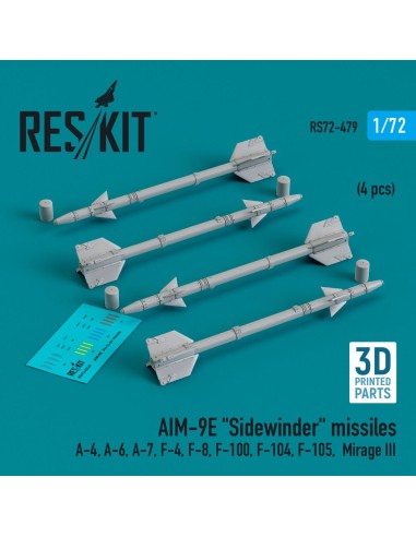 AIM-9E Sidewinder missiles (4 pcs) (A-4, A-6, A-7, F-4, F-8, F-100, F-104, F-105, Mirage III) (3D Printed) 