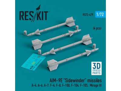 AIM-9E Sidewinder missiles (4 pcs) (A-4, A-6, A-7, F-4, F-8, F-100, F-104, F-105, Mirage III) (3D Printed) 