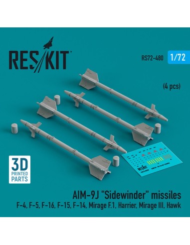 AIM-9J Sidewinder missiles (4 pcs) (F-4, F-5, F-16, F-15, F-14, Mirage F.1, Harrier, Mirage III, Hawk) (3D Printed) 