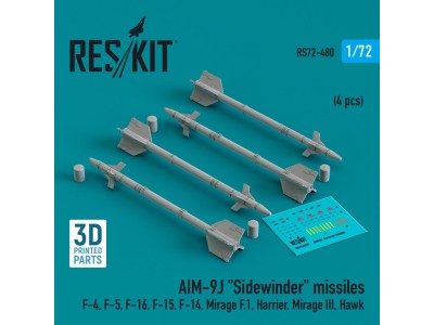 AIM-9J Sidewinder missiles (4 pcs) (F-4, F-5, F-16, F-15, F-14, Mirage F.1, Harrier, Mirage III, Hawk) (3D Printed) 