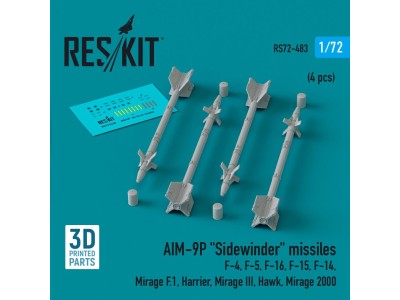 AIM-9P Sidewinder missiles (4 pcs) (F-4, F-5, F-16, F-15, F-14, Mirage F.1, Harrier, Mirage III, Hawk, Mirage 2000) (3D Printed)