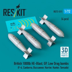 British 1000lb HE-Blast, GP, Low Drag bombs (4 pcs) (F-4, Canberra, Buccaneer, Harrier, Hunter, Tornado) (3D printed) 