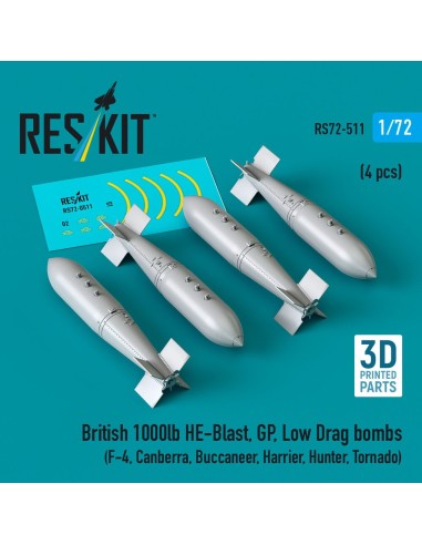 British 1000lb HE-Blast, GP, Low Drag bombs (4 pcs) (F-4, Canberra, Buccaneer, Harrier, Hunter, Tornado) (3D printed) 