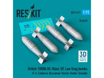 British 1000lb HE-Blast, GP, Low Drag bombs (4 pcs) (F-4, Canberra, Buccaneer, Harrier, Hunter, Tornado) (3D printed) 