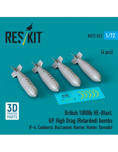 British 1000lb HE-Blast, GP, High Drag (Retarded) bombs (4 pcs) (F-4, Canberra, Buccaneer, Harrier, Hunter, Tornado) (3D printed