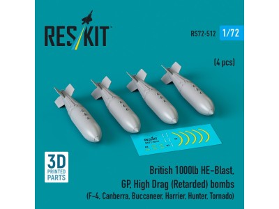 British 1000lb HE-Blast, GP, High Drag (Retarded) bombs (4 pcs) (F-4, Canberra, Buccaneer, Harrier, Hunter, Tornado) (3D printed
