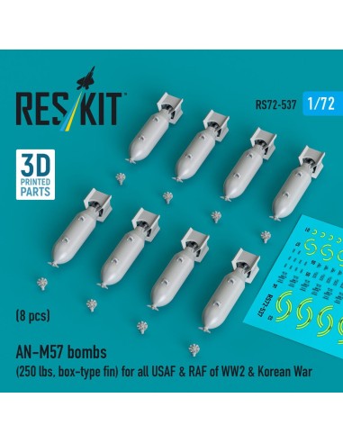 AN-M57 bombs (250 lbs, box-type fin) for all USAF & RAF of WW2 & Korean War (8 pcs) (3D Printed) 