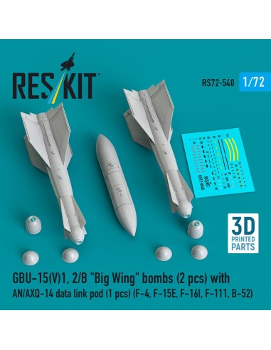 GBU-15(V)1,2/B Big Wing bombs (2 pcs) with AN/AXQ-14 data link pod (1 pcs) (F-4, F-15E, F-16I, F-111, B-52) (3D Printed) 