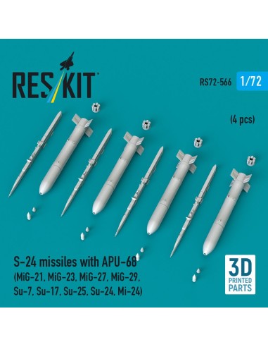S-24 missiles with APU-68 (4 pcs) (MiG-21, MiG-23, MiG-27, MiG-29, Su-7, Su-17, Su-25, Su-24, Mi-24) (3D Printed) 