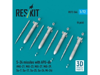S-24 missiles with APU-68 (4 pcs) (MiG-21, MiG-23, MiG-27, MiG-29, Su-7, Su-17, Su-25, Su-24, Mi-24) (3D Printed) 