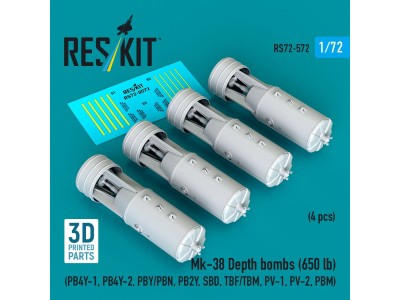 Mk-38 Depth bombs (650 lb) (4 pcs) (PB4Y-1, PB4Y-2, PBY/PBN, PB2Y, SBD, TBF/TBM, PV-1, PV-2, PBM) (3D Printed) 