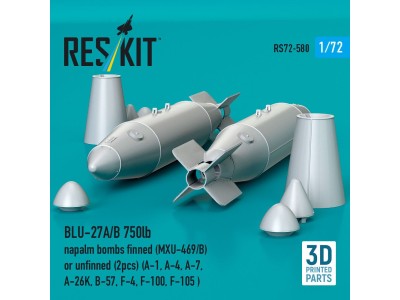 BLU-27A/B 750lb napalm bombs finned (MXU-469/B) or unfinned (2pcs) (A-1, A-4, A-7, A-26K, B-57, F-4, F-100, F-105 ) (3D Printed)