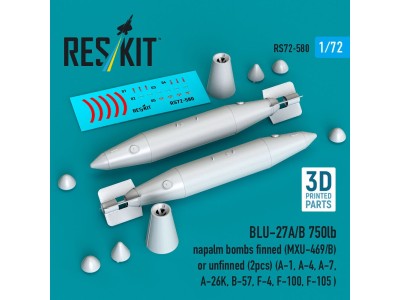 BLU-27A/B 750lb napalm bombs finned (MXU-469/B) or unfinned (2pcs) (A-1, A-4, A-7, A-26K, B-57, F-4, F-100, F-105 ) (3D Printed)