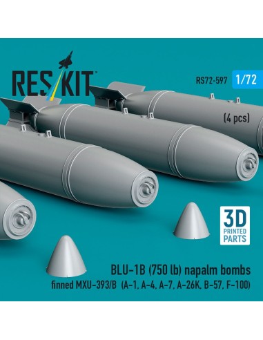 BLU-1B (750lb) napalm bombs finned MXU-393/B (4 pcs) (A-1, A-4, A-7, A-26K, B-57, F-100) (3D Printed) 