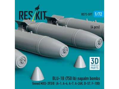 BLU-1B (750lb) napalm bombs finned MXU-393/B (4 pcs) (A-1, A-4, A-7, A-26K, B-57, F-100) (3D Printed) 