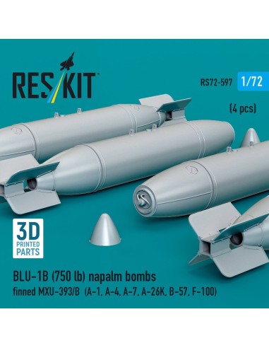 BLU-1B (750lb) napalm bombs finned MXU-393/B (4 pcs) (A-1, A-4, A-7, A-26K, B-57, F-100) (3D Printed) 